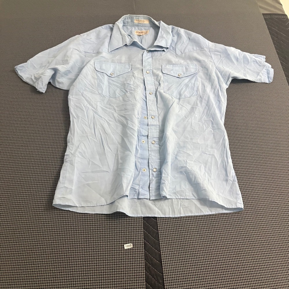 Vintage Sheplers Mens S 14.5 Light Blue Short Sleeve Western Pearl Snap Shirt
